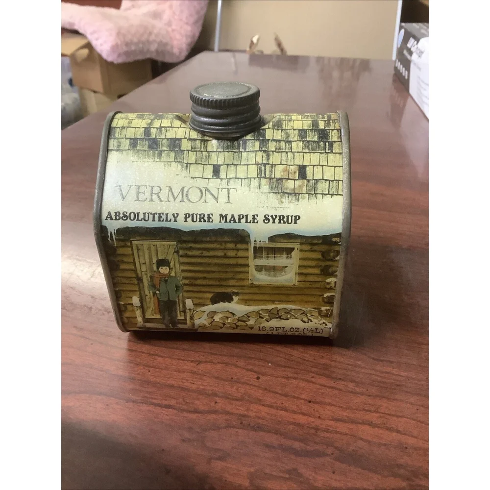 Vintage 1984 Vermont Maple Syrup Log Cabin Metal Empty Tin Container